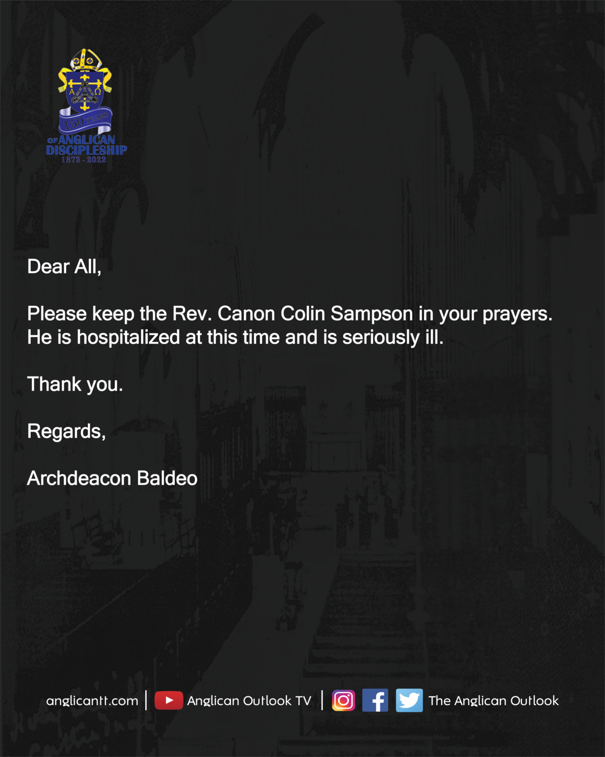 Canon Colin Sampson is Hospitalized