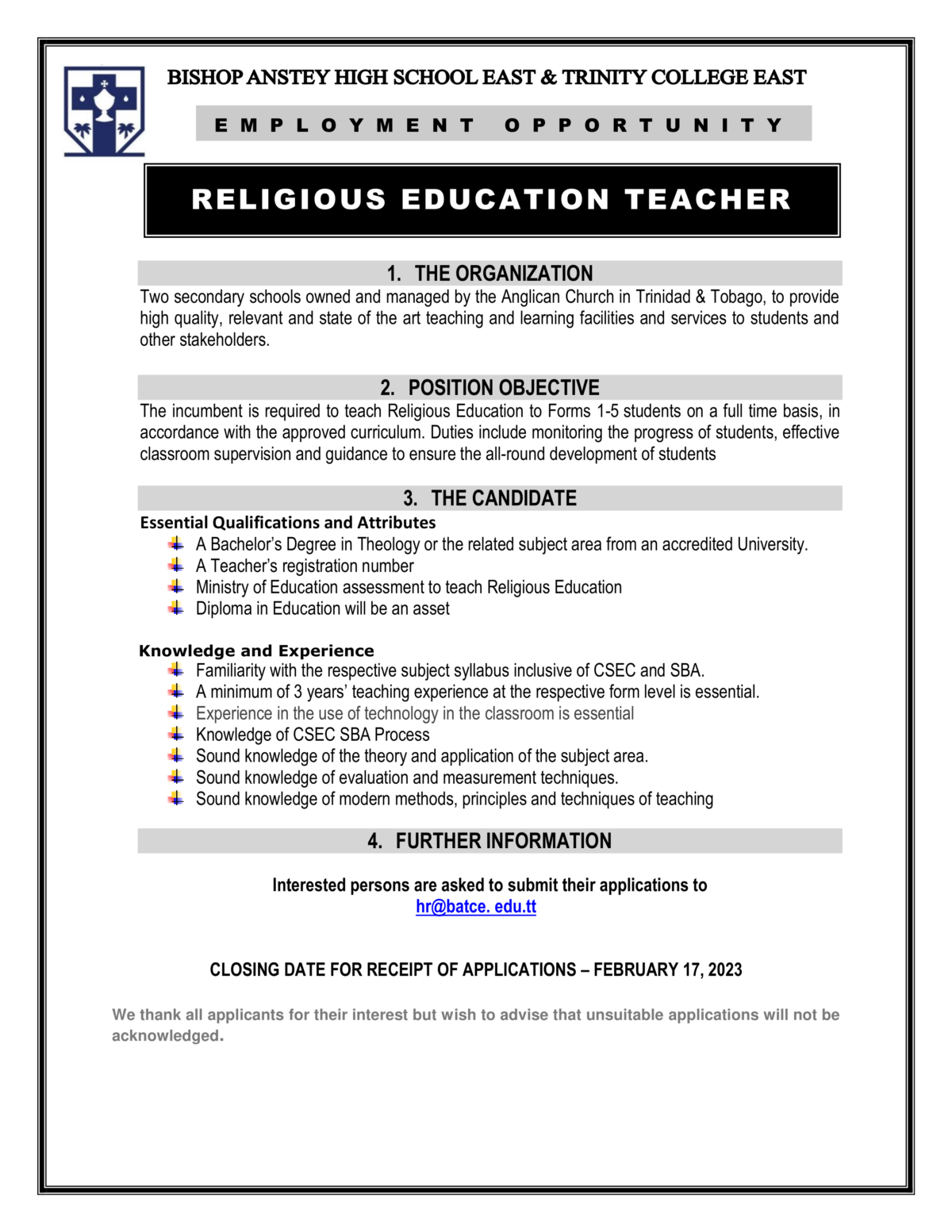 BATCE Vacancy – Religious Education Teacher